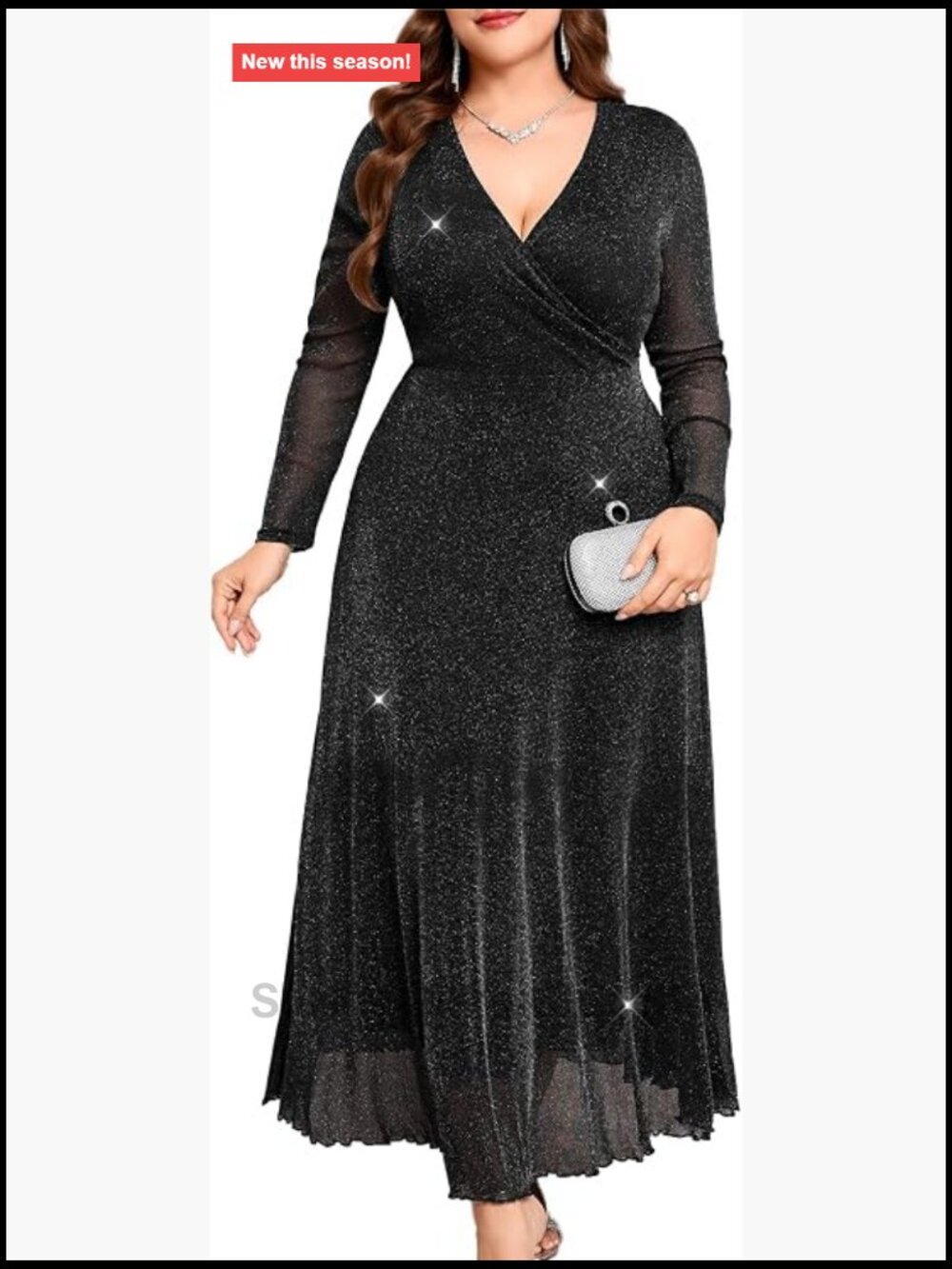 Plus Size Sparkly Maxi Dress V-Neck Long Sleeve Glitter Mesh Gown Formal